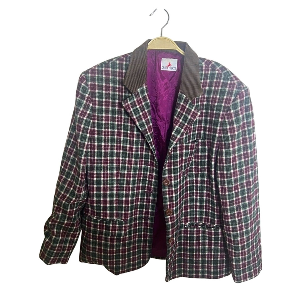 Vintage Crazy Horse Plaid Blazer Wool Blend Corduroy Elboys Equestrian Sz 12 XL